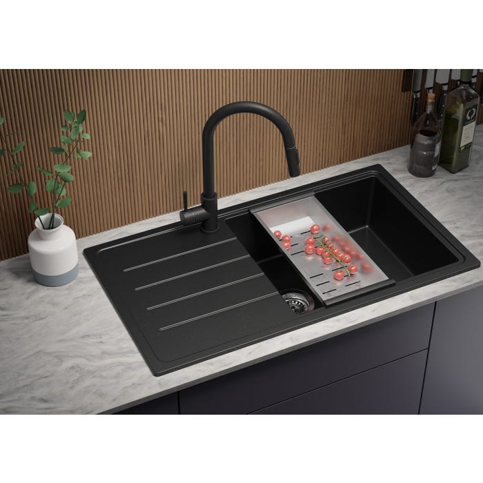 Evier Cuisine en Granit Noir Metallic, 90 x 50 cm, Lavabo 1 bac + Robinet 9700 + Kit de Vidage, Évier à Encastrer de Primagran 1