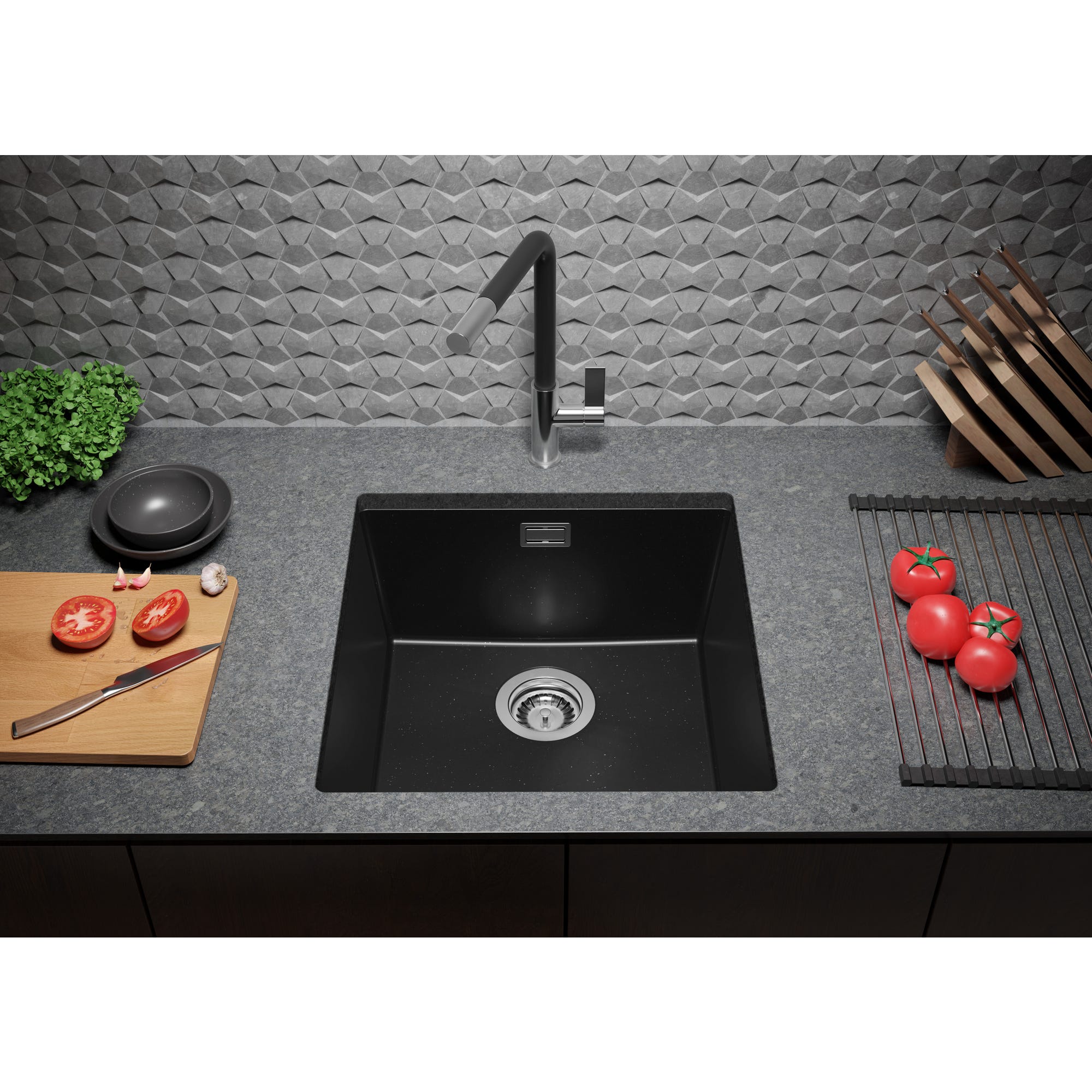 Evier Sous Plan Noir Metallic, 46 x 47 cm, Evier en Granit 1 bac + Robinet 5700 + Kit de Vidage, Lavabo Cuisine de Primagran 2