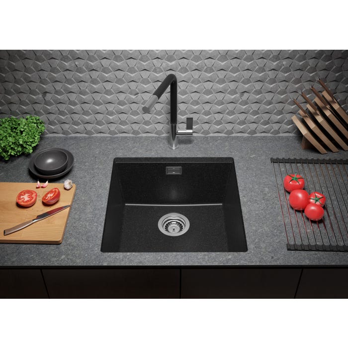 Evier Sous Plan Graphite, 46 x 47 cm, Evier en Granit 1 bac + Robinet 5000 + Kit de Vidage, Lavabo Cuisine de Primagran 2