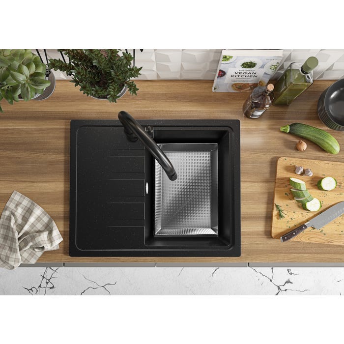 Evier Cuisine en Granit Noir Metallic, 62 x 50 cm, Lavabo 1 bac + Robinet 5700 + Kit de Vidage, Évier à Encastrer Milan 620 de Primagran 3