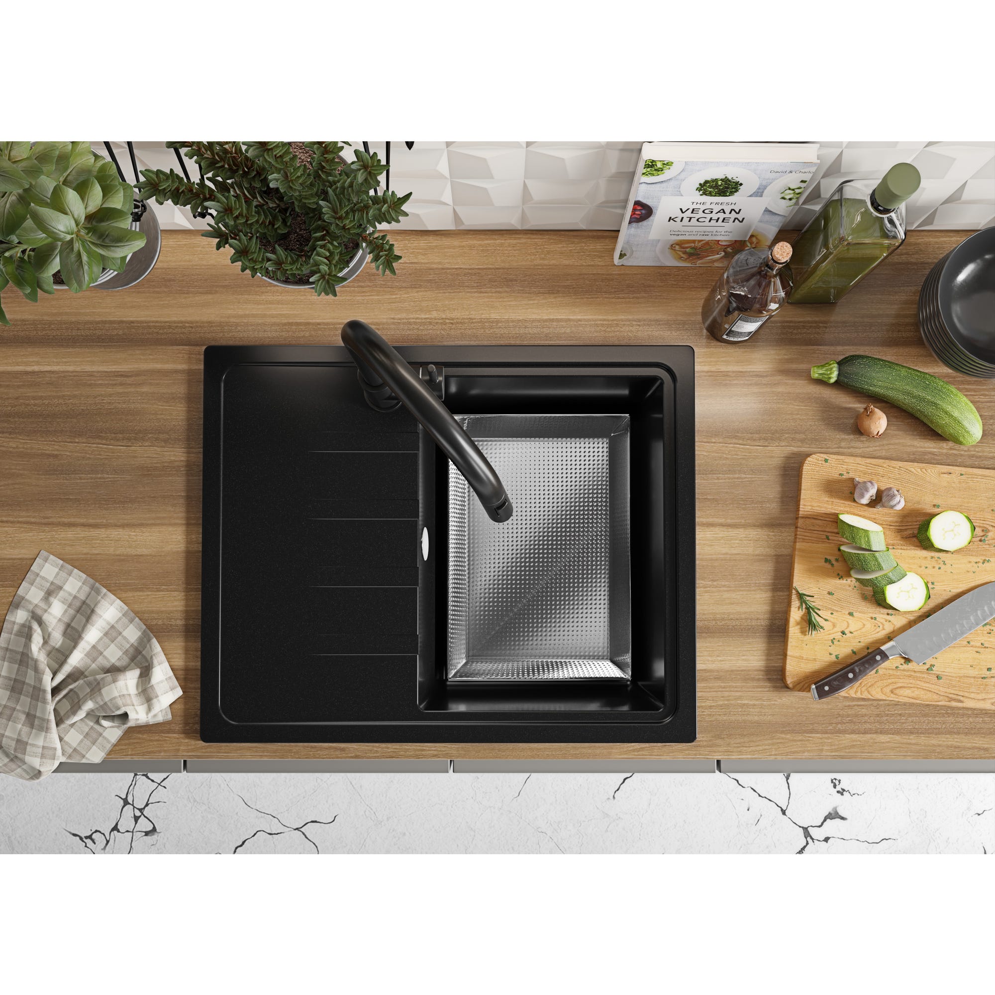 Evier Cuisine en Granit Noir, 62 x 50 cm, Lavabo 1 bac + Robinet 5700 + Kit de Vidage, Évier à Encastrer Milan 620 de Primagran 3