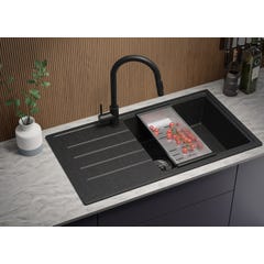 Evier Cuisine en Granit Graphite, 90 x 50 cm, Lavabo 1 bac + Robinet 8000 + Kit de Vidage, Évier à Encastrer de Primagran 1