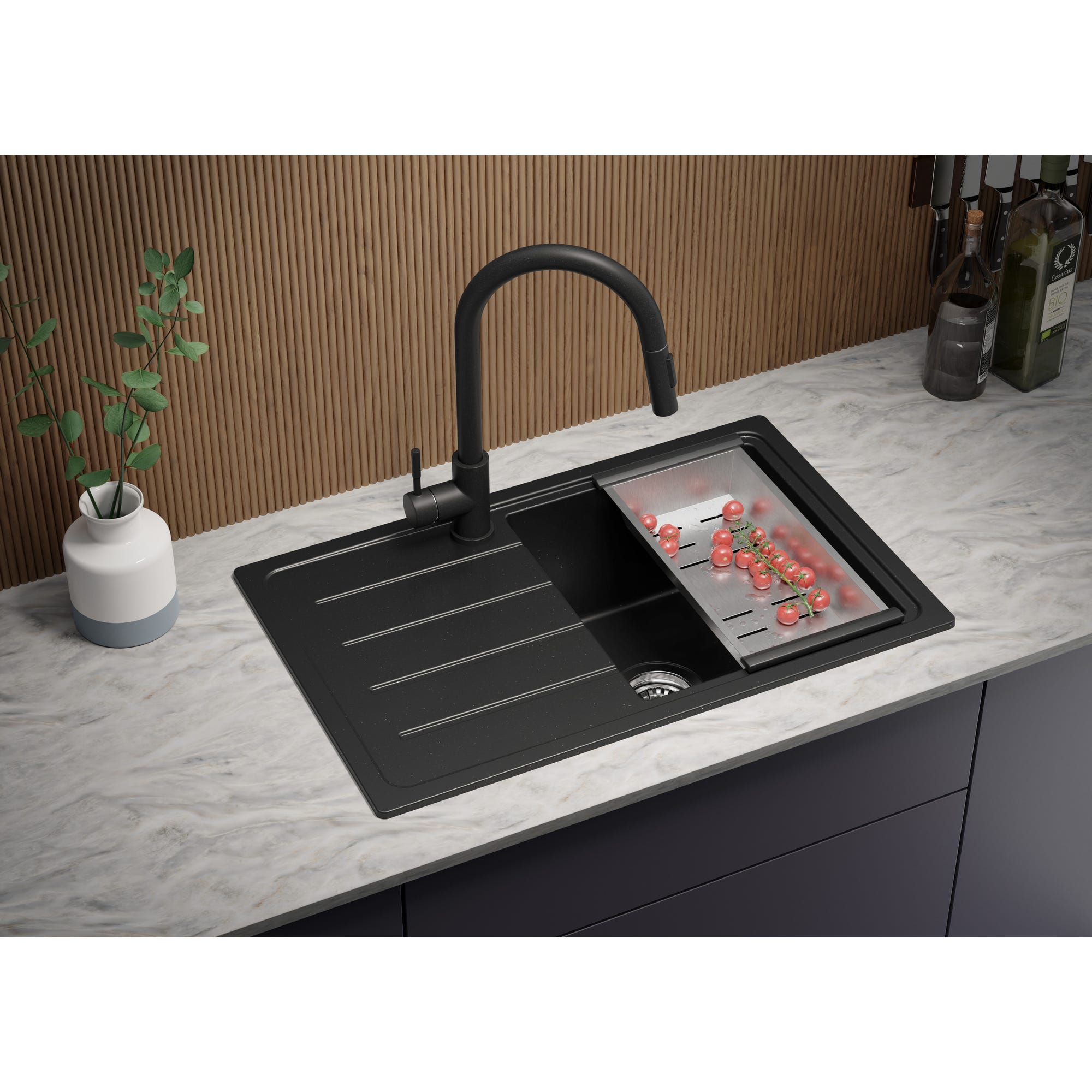 Evier Cuisine en Granit Noir Metallic, 70 x 44 cm, Lavabo 1 bac + Robinet 9700 + Kit de Vidage, Évier à Encastrer de Primagran 2