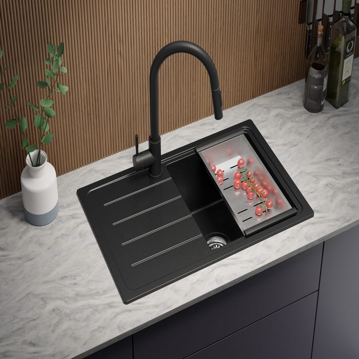 Evier Cuisine en Granit Noir Metallic, 70 x 44 cm, Lavabo 1 bac + Robinet 5700 + Kit de Vidage, Évier à Encastrer de Primagran 2