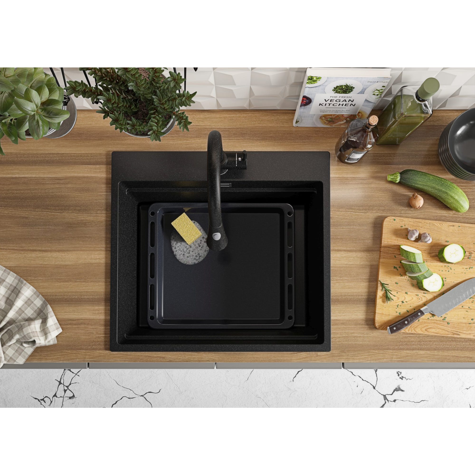 Evier Cuisine Graphite, 58 x 53 cm, Evier en Granit 1 bac + Robinet 5000 + Kit de Vidage, Evier a Encastrer de Primagran 2