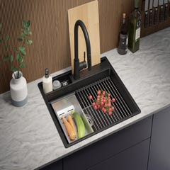 Evier Cuisine en Granit Noir Metallic, 58 x 53 cm, Lavabo 1 bac + Robinet 8700 + Kit de Vidage, Évier à Encastrer de Primagran 3