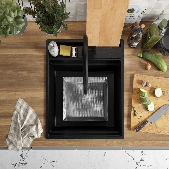 Evier Cuisine en Granit Noir Metallic, 58 x 53 cm, Lavabo 1 bac + Robinet 8700 + Kit de Vidage, Évier à Encastrer de Primagran 8