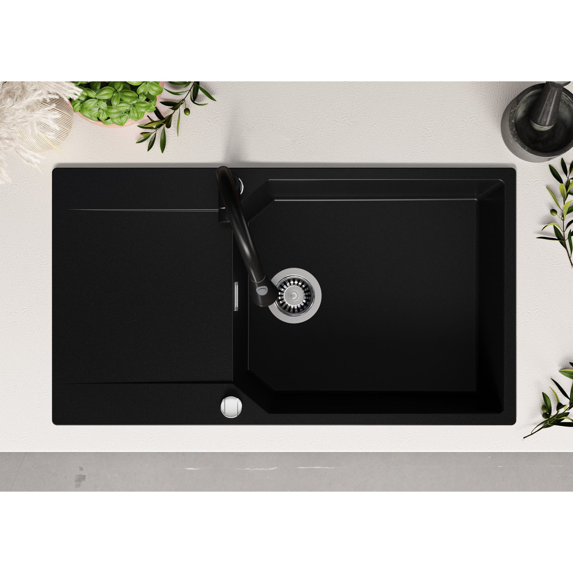 Evier Cuisine en Granit Noir, 90 x 50 cm, Lavabo 1 bac + Robinet 3700 + Kit de Vidage, Évier à Encastrer de Primagran 3