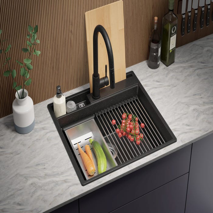 Evier Cuisine en Granit Graphite, 58 x 53 cm, Lavabo 1 bac + Robinet 5000 + Kit de Vidage, Évier à Encastrer de Primagran 2