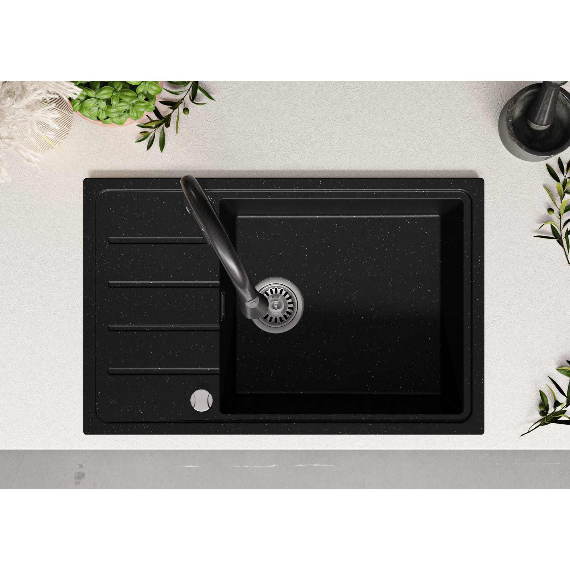 Evier Cuisine en Granit Noir Metallic, 78 x 50 cm, Lavabo 1 bac + Robinet 5700 + Kit de Vidage, Évier à Encastrer de Primagran 8