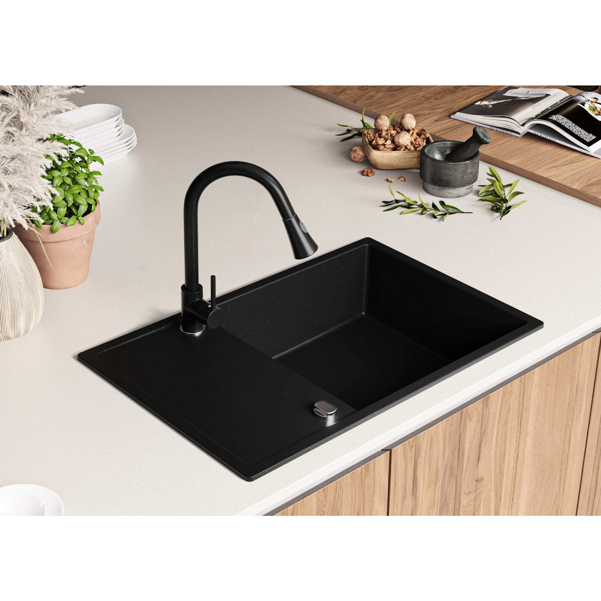 Evier Cuisine en Granit Noir Metallic, 78 x 50 cm, Lavabo 1 bac + Robinet 9700 + Kit de Vidage, Évier à Encastrer de Primagran 1