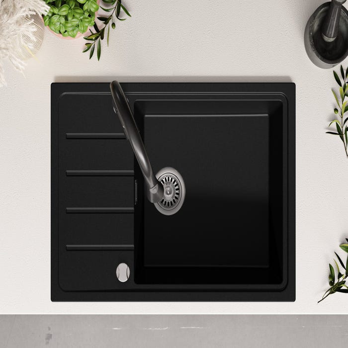 Evier Cuisine en Granit Noir, 78 x 50 cm, Lavabo 1 bac + Robinet 9700 + Kit de Vidage, Évier à Encastrer de Primagran 8