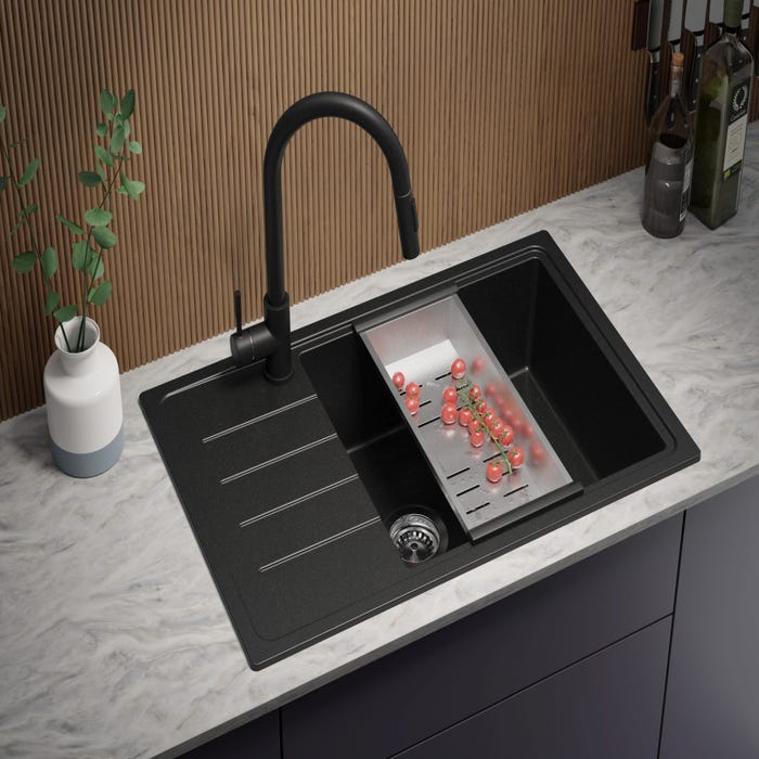 Evier Cuisine en Granit Noir, 78 x 50 cm, Lavabo 1 bac + Robinet 9700 + Kit de Vidage, Évier à Encastrer de Primagran 1