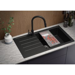 Evier Cuisine en Granit Noir, 90 x 50 cm, Lavabo 1 bac + Robinet 5700 + Kit de Vidage, Évier à Encastrer de Primagran 1