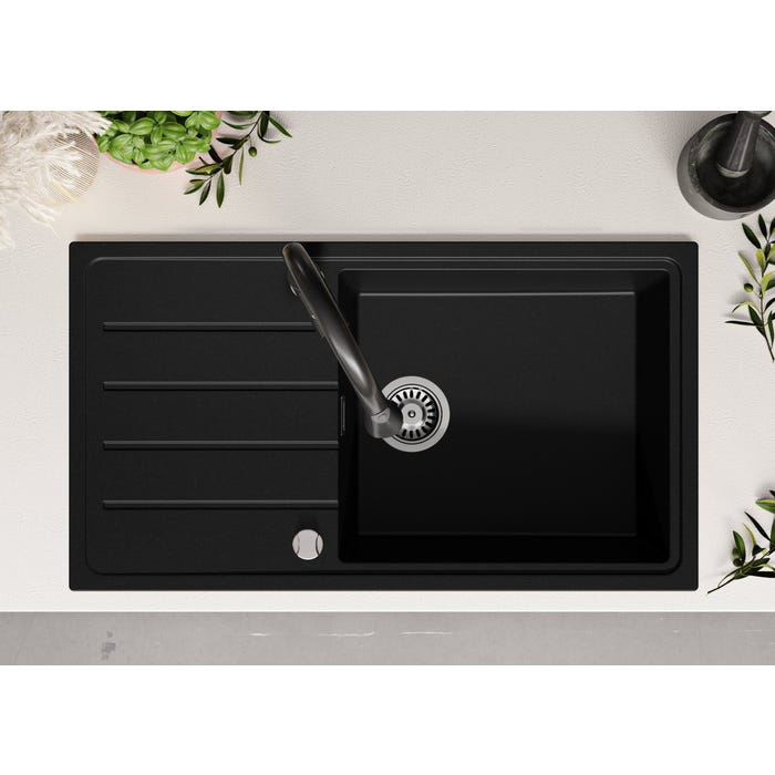 Evier Cuisine en Granit Noir, 90 x 50 cm, Lavabo 1 bac + Robinet 5700 + Kit de Vidage, Évier à Encastrer de Primagran 8