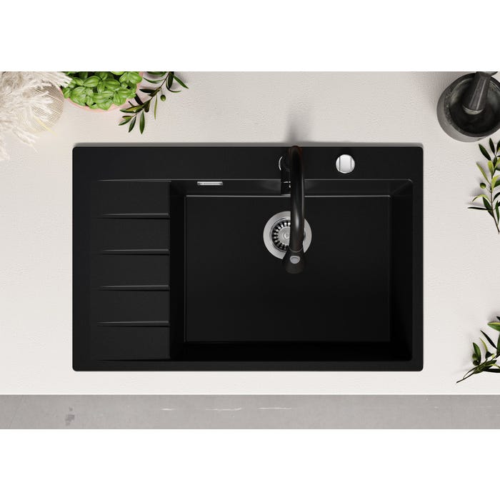 Evier Cuisine en Granit Noir, 78 x 50 cm, Lavabo 1 bac + Robinet 9700 + Kit de Vidage, Évier à Encastrer de Primagran 3
