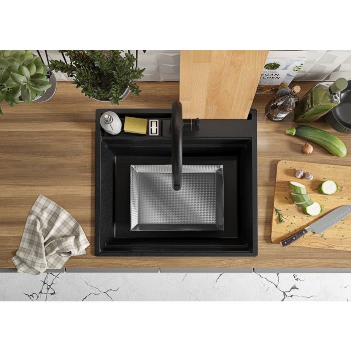 Evier Cuisine en Granit Graphite, 58 x 53 cm, Lavabo 1 bac + Kit de Vidage, Évier à Encastrer de Primagran 8