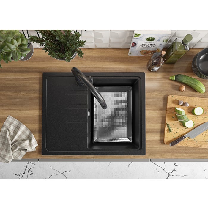 Evier Cuisine en Granit Graphite, 62 x 50 cm, Lavabo 1 bac + Robinet 8000 + Kit de Vidage, Évier à Encastrer Milan 620 de Primagran 3