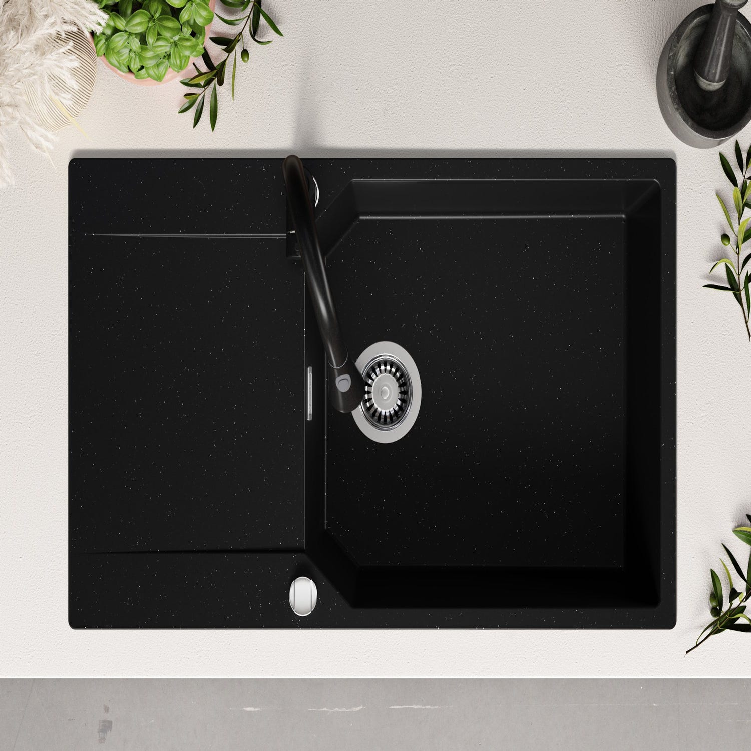 Evier Cuisine en Granit Noir Metallic, 90 x 50 cm, Lavabo 1 bac + Robinet 3700 + Kit de Vidage, Évier à Encastrer de Primagran 3