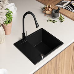 Evier Cuisine en Granit Noir, 62 x 50 cm, Lavabo 1 bac + Robinet 9700 + Kit de Vidage, Évier à Encastrer de Primagran 1