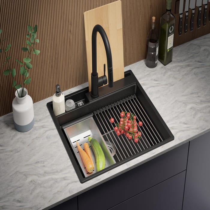Evier Cuisine en Granit Noir, 58 x 53 cm, Lavabo 1 bac + Robinet 9700 + Kit de Vidage, Évier à Encastrer de Primagran 3