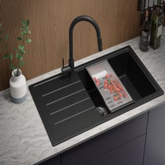 Evier Cuisine en Granit Noir Metallic, 90 x 50 cm, Lavabo 1 bac + Robinet 3700 + Kit de Vidage, Évier à Encastrer de Primagran 1