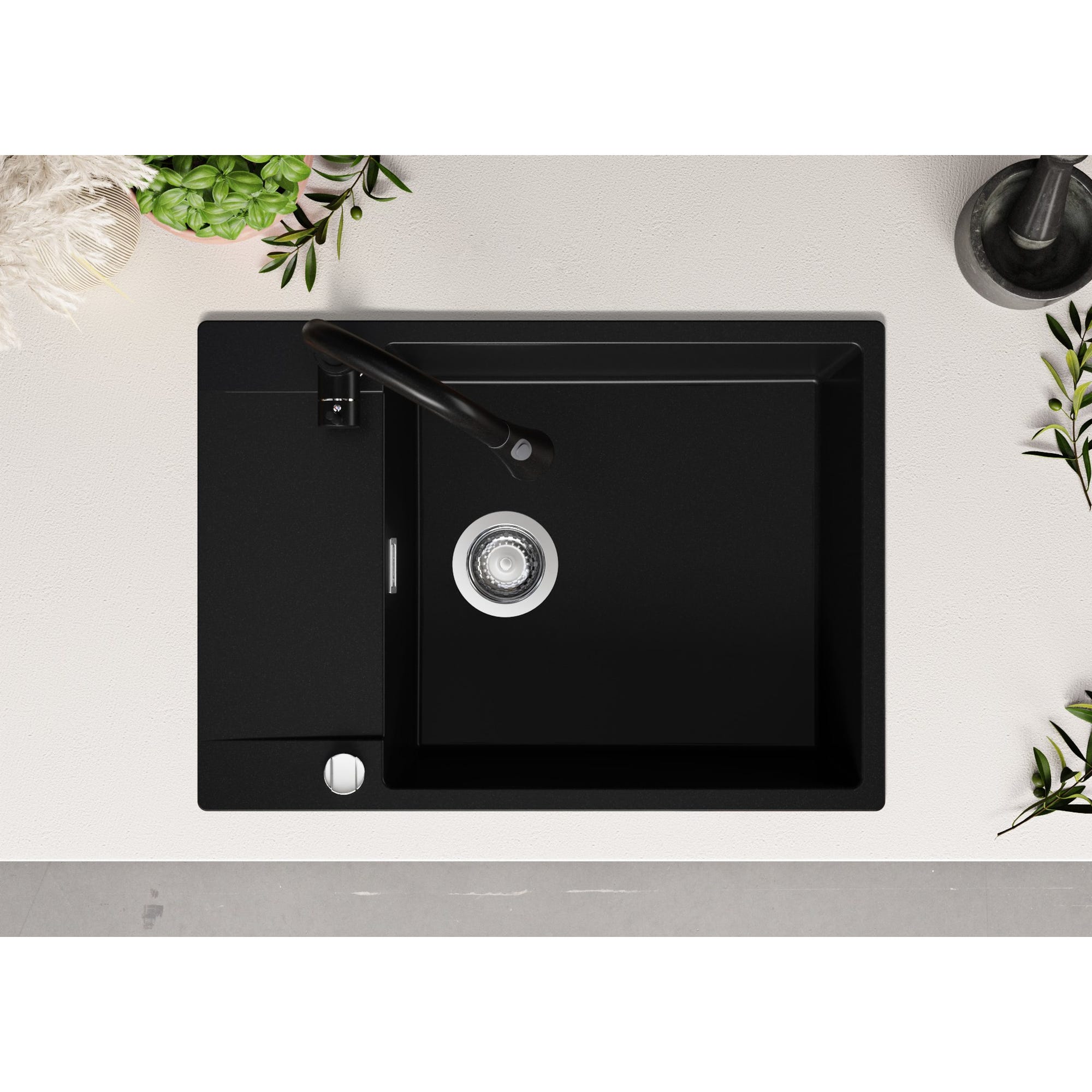 Evier Cuisine en Granit Noir, 70 x 50 cm, Lavabo 1 bac + Robinet 9700 + Kit de Vidage, Évier à Encastrer de Primagran 3