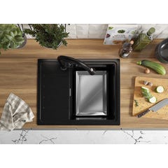 Evier Cuisine en Granit Noir, 62 x 50 cm, Lavabo 1 bac + Robinet 3700 + Kit de Vidage, Évier à Encastrer Copenhague 620 de Primagran 2