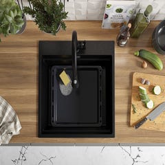 Evier Cuisine Noir Metallic, 58 x 53 cm, Evier en Granit 1 bac + Robinet 9700 + Kit de Vidage, Evier a Encastrer de Primagran 2