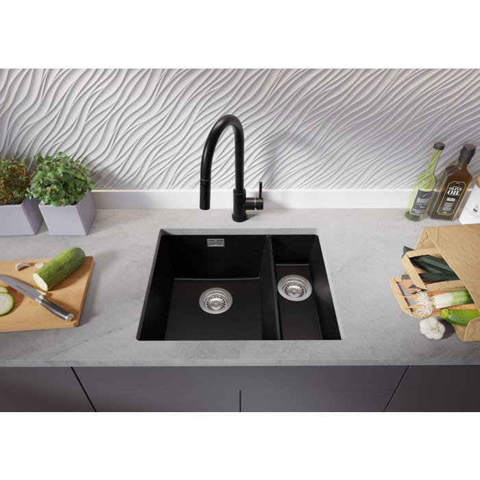 Evier Cuisine en Granit Noir, 55,5 x 45 cm, Lavabo 1,5 bac + Robinet 3700 + Kit de Vidage, Évier à Encastrer de Primagran 2