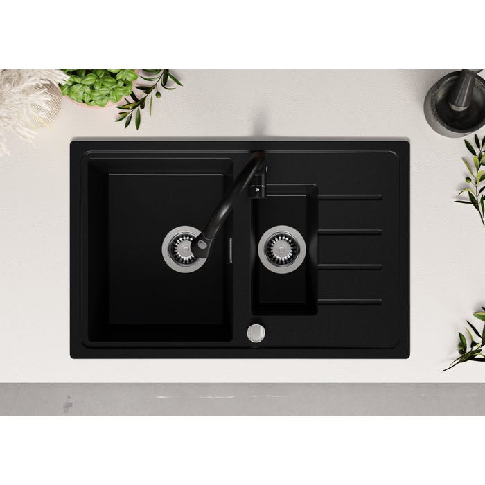 Evier Cuisine en Granit Noir, 78 x 50 cm, Lavabo 1,5 bac + Robinet 9700 + Kit de Vidage, Évier à Encastrer de Primagran 3