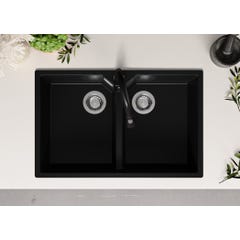 Evier Cuisine en Granit Noir, 78 x 50 cm, Lavabo Cuisine 2 bac + Robinet 3700 + Kit de Vidage, Évier à Encastrer Madrid 80 Twin de Primagran 3
