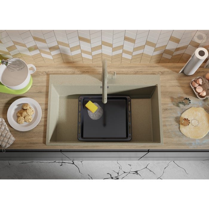 Evier Cuisine en Granit Beige, 78 x 50 cm, Lavabo 1 bac + Kit de Vidage, Évier à Encastrer de Primagran 7