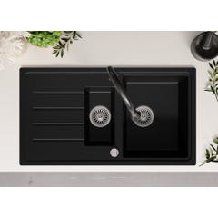 Evier Cuisine en Granit Noir Metallic, 90 x 50 cm, Lavabo 1,5 bac + Robinet 3700 + Kit de Vidage, Évier à Encastrer de Primagran 3