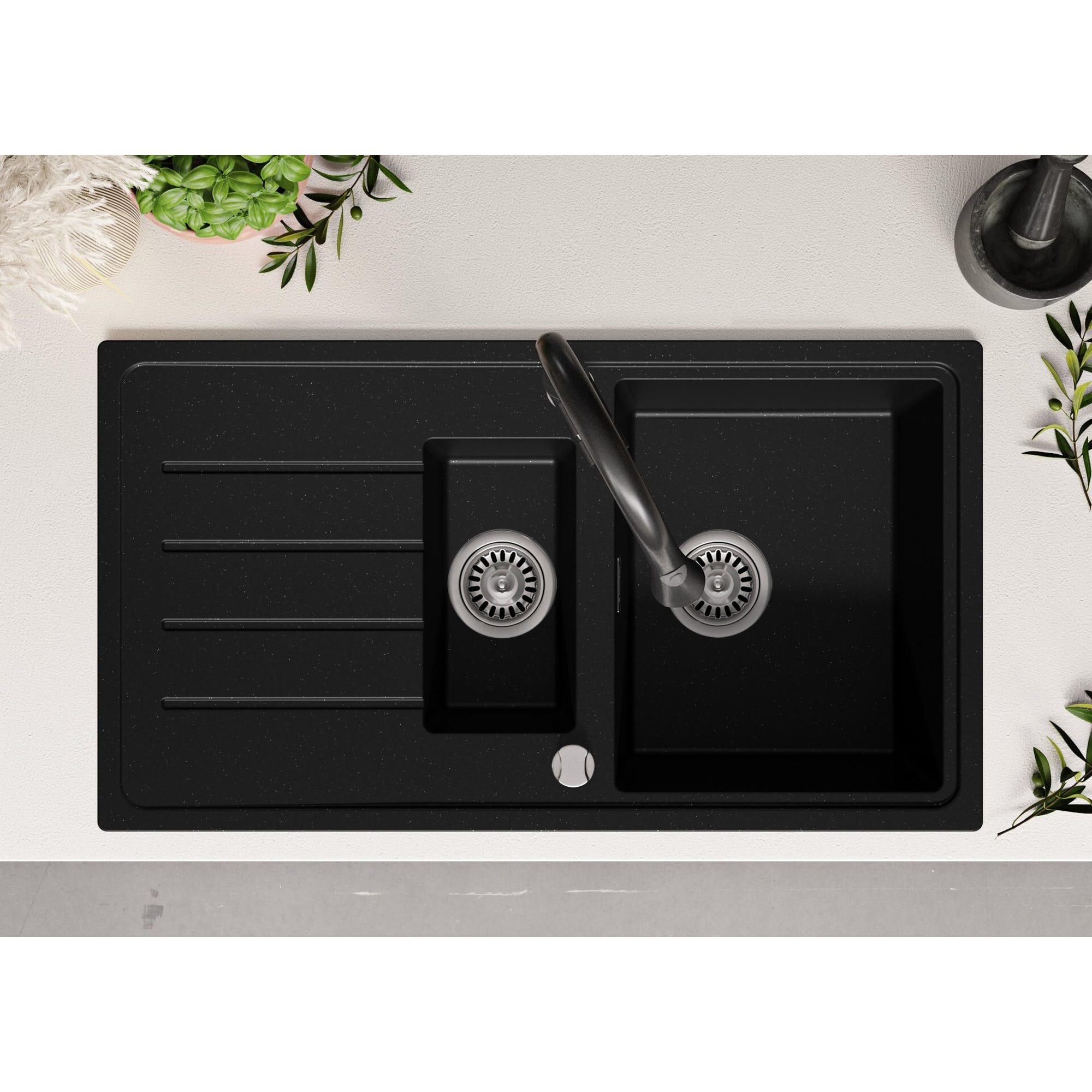 Evier Cuisine en Granit Noir Metallic, 90 x 50 cm, Lavabo 1,5 bac + Robinet 9700 + Kit de Vidage, Évier à Encastrer de Primagran 3