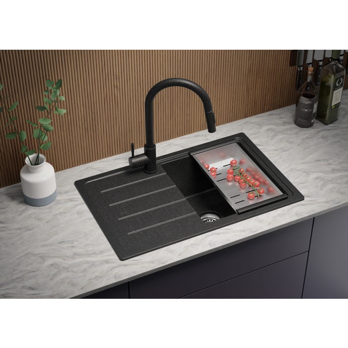 Evier Cuisine en Granit Graphite, 70 x 44 cm, Lavabo 1 bac + Robinet 8000 + Kit de Vidage, Évier à Encastrer de Primagran 2