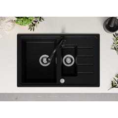 Evier Cuisine en Granit Noir, 78 x 50 cm, Lavabo 1,5 bac + Robinet 3700 + Kit de Vidage, Évier à Encastrer de Primagran 3