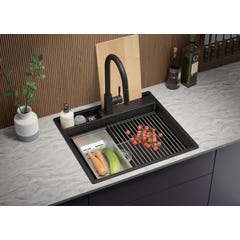 Evier Cuisine en Granit Noir Metallic, 58 x 53 cm, Lavabo 1 bac + Robinet 5700 + Kit de Vidage, Évier à Encastrer de Primagran 3