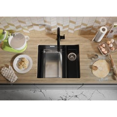 Evier Cuisine en Granit Noir, 55,5 x 45 cm, Lavabo 1,5 bac + Robinet 9700 + Kit de Vidage, Évier à Encastrer de Primagran 8