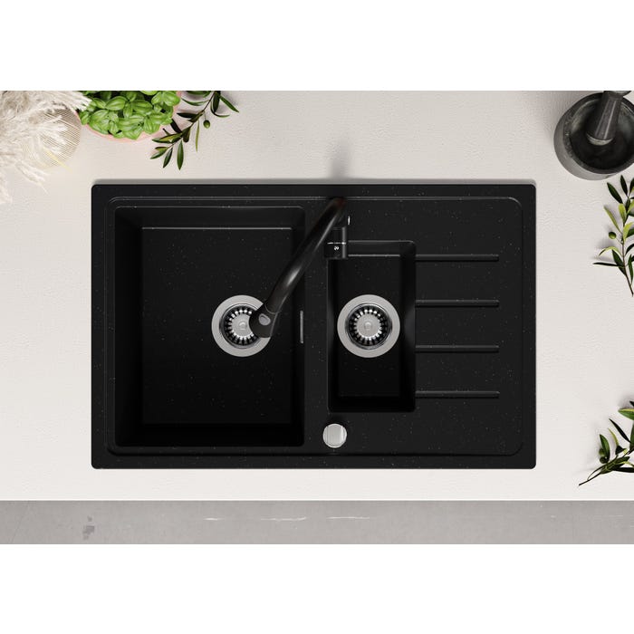 Evier Cuisine en Granit Noir Metallic, 78 x 50 cm, Lavabo 1,5 bac + Robinet 9700 + Kit de Vidage, Évier à Encastrer de Primagran 3