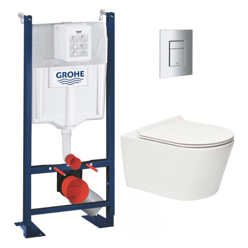 Grohe Pack WC Bâti autoportant + WC sans bride SAT Brevis + Abattant ultra-fin softclose + Plaque chrome mat (ProjectBrevis-5) 0
