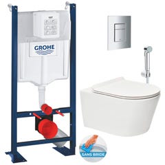 Grohe Pack WC Bâti autoportant + WC sans bride SAT Brevis + Abattant ultra-fin softclose + Douchette bidet + Plaque chrome mat 0