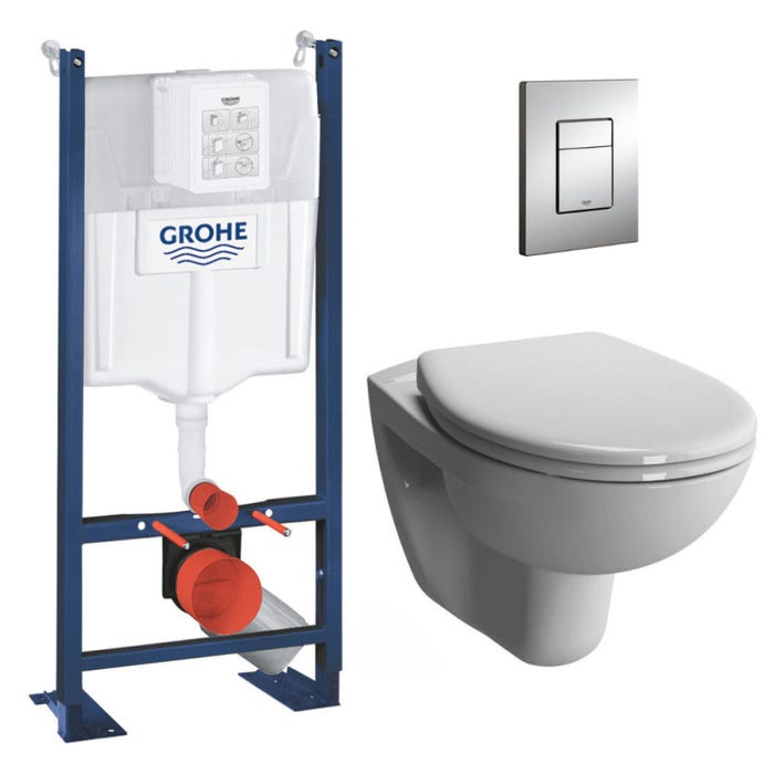 Grohe Pack WC Bâti Autoportant Rapid SL + WC sans bride Vitra Normus + Abattant softclose + Plaque chrome (ProjectNormusRimless-1) 0