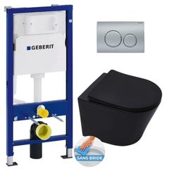 Geberit Pack WC bati Duofix + WC sans bride SAT Infinitio Noir mat + Abattant frein de chute + Plaque chrome mat