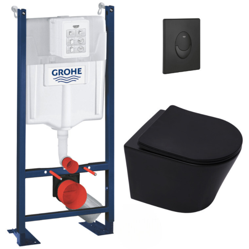 Grohe Pack WC Bâti autoportant + WC Swiss Aqua Technologies Infinitio noir mat sans bride + Plaque noir mat 0