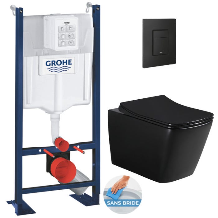 Grohe Pack WC Bâti-support Rapid SL + WC sans bride Infinitio Design, Noir mat + Abattant softclose + Plaque Noire mat 0