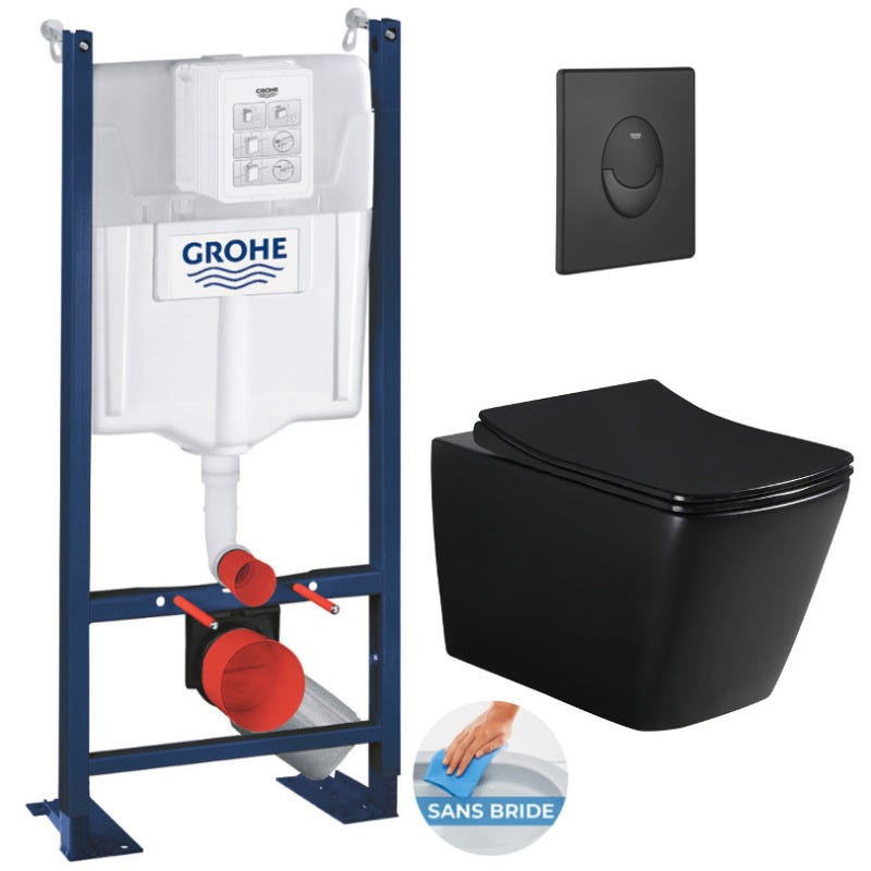Grohe Pack WC Bâti-support Rapid SL + WC sans bride Infinitio Design, Noir mat + Abattant softclose + Plaque Noire mat 0