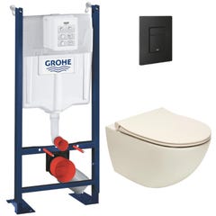 Grohe Pack Bâti-autoportant + WC sans bride Vitra Sento, Taupe mat + Abattant softclose + Plaque Noire mat, anti-empreintes 0