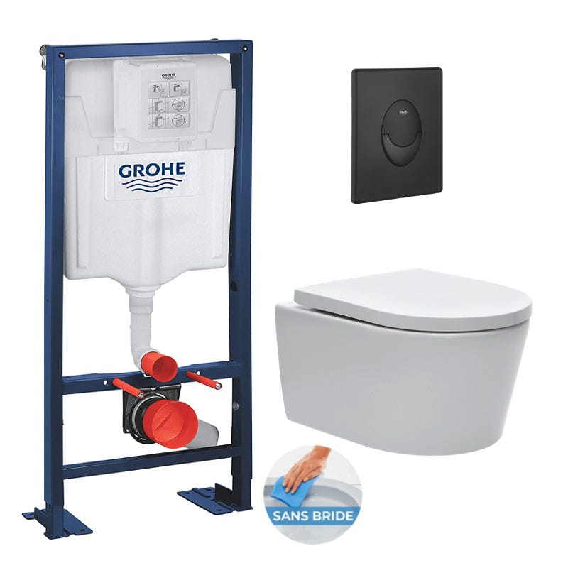 Grohe Pack WC bâti-autoportant Rapid SL + WC sans bride SAT, fixations invisibles + Abattant softclose + Plaque Noire mat 0