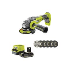 Pack RYOBI Meuleuse d'angle brushless R18AG7-0 - 18V One+ - 1 batterie 2.0Ah - 1 chargeur rapide RC18120-120 - Kit 6 disque 125 mm 0